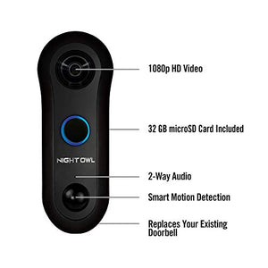 Night Owl Security 1080p Smart Doorbell with 32GB microSD Card, Black (WDB2-32SD)