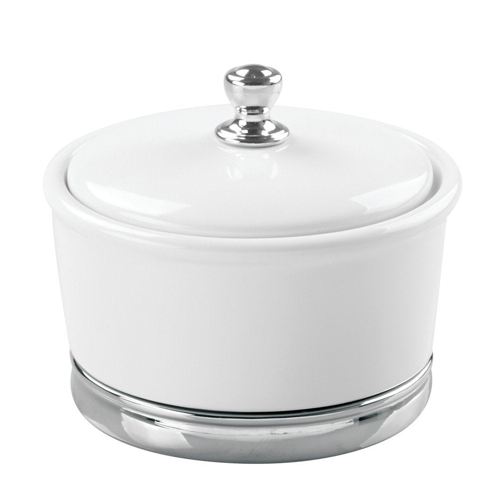 InterDesign York Ceramic Bathroom Vanity Canister Jar for Cotton Balls, Swabs, Cosmetic Pads - Large, White/Chrome