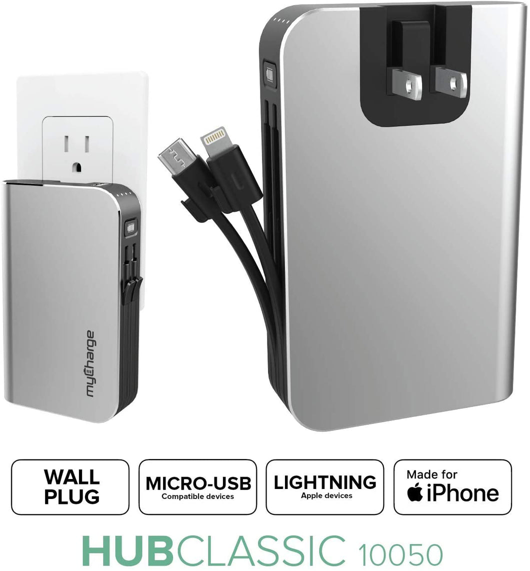 myCharge HubMini Portable ChargerExternal Battery Pack Power Bank Built-in Lightning Cable and Micro-USB Cable for Cell Phones