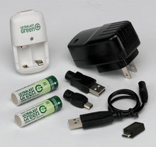 Load image into Gallery viewer, UltraLast Green 2AA/AAA/USB On-the-Go Charger with 2 AA Everyday Precharged Batteries