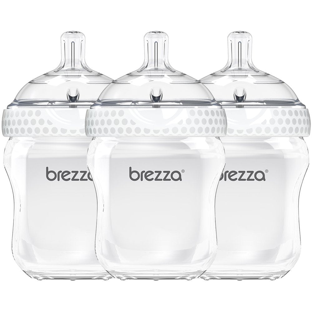 Baby Brezza Two Piece Natural Baby Bottle with Lid - Ergonomic, Wide Neck Design Makes it The Easiest to Clean - Modern Look - Anti-Colic - BPA Free Plastic - White Bottle - 9 Ounce - 3 Bottles