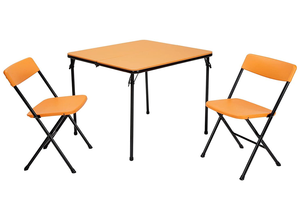 COSCO 3 Piece Indoor Outdoor Center Fold Table and 2 Chairs Tailgate Set, Orange, Black Frame