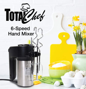 Total Chef TCHM02 6-Speed Hand Mixer, 250 Watts with Turbo Boost, Beaters and Dough Hooks, Stainless Steel, Countertop, Black/Gray