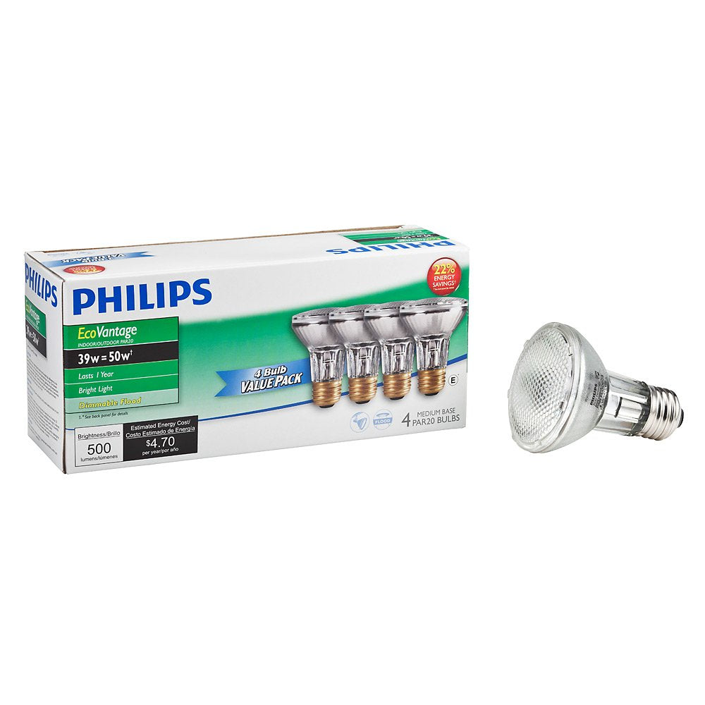 Philips Halogen Dimmable PAR20 Flood Light Bulb: 2900-Kelvin, 39-Watt (50-Watt Equivalent), E26 Medium Screw Base, Soft White, 4-Pack