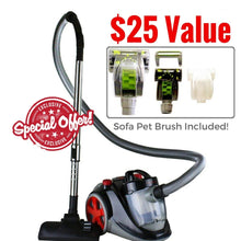 Load image into Gallery viewer, Ovente Bagless Canister Cyclonic Vacuum with HEPA Filter, Comes with Pet/Sofa Brush, Telescopic Wand, Combination Bristle Brush/Crevice Nozzle and Retractable Cord, Featherlite, Corded (ST2010)