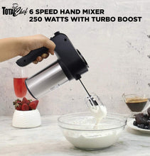 Load image into Gallery viewer, Total Chef TCHM02 6-Speed Hand Mixer, 250 Watts with Turbo Boost, Beaters and Dough Hooks, Stainless Steel, Countertop, Black/Gray