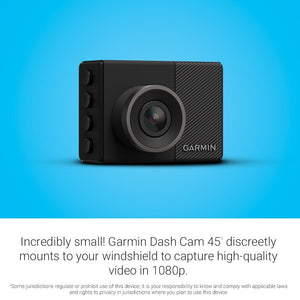 Garmin Dash Cam 45, 1080p 2.0" LCD Screen, Extremely Small GPS-enabled Dash Camera with Loop Recording, G-Sensor and Driver Alerts, Includes Memory Card