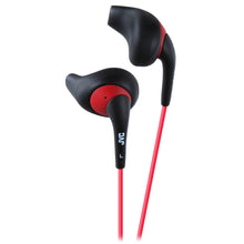 Load image into Gallery viewer, JVC Black and Red Nozzel Secure Comfort Fit Sweat Proof Gumy Sport Earbuds with long colored cord HA-EN10B