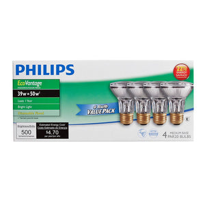 Philips Halogen Dimmable PAR20 Flood Light Bulb: 2900-Kelvin, 39-Watt (50-Watt Equivalent), E26 Medium Screw Base, Soft White, 4-Pack