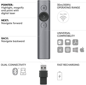 (Discontinued) Logitech Spotlight Presentation Remote - Advanced Digital Highlighting with Bluetooth, Universal Compatibility, 30M Range and Quick Charging – Slate