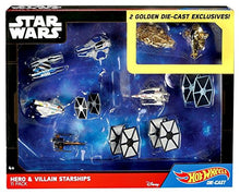 Load image into Gallery viewer, Star Wars Hero and Villain Starships 11 pack with 2 Golden Hot Wheels