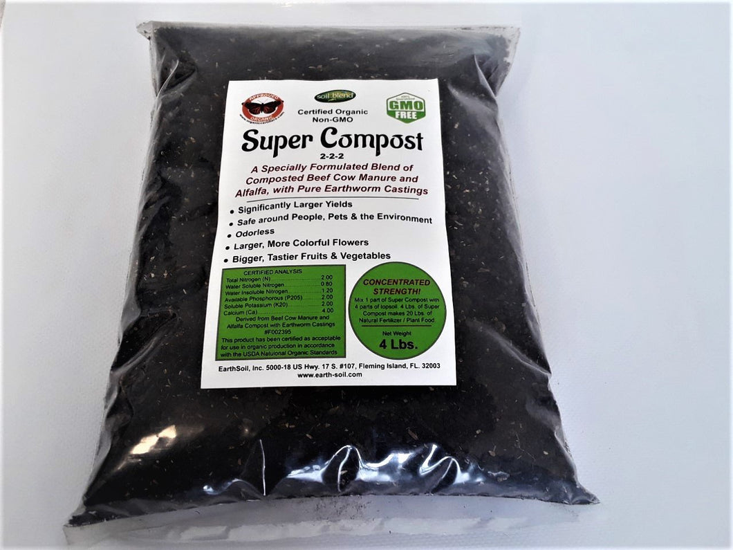 Super Compost Organic Plant Food. 2-2-2 NPK + Iron. A Concentrated Blend (Makes 20 Lbs.) of Certified Organic Plant Food Larger Yields, Bigger, Tastier Fruits & Vegetables. More Colorful Blooms!
