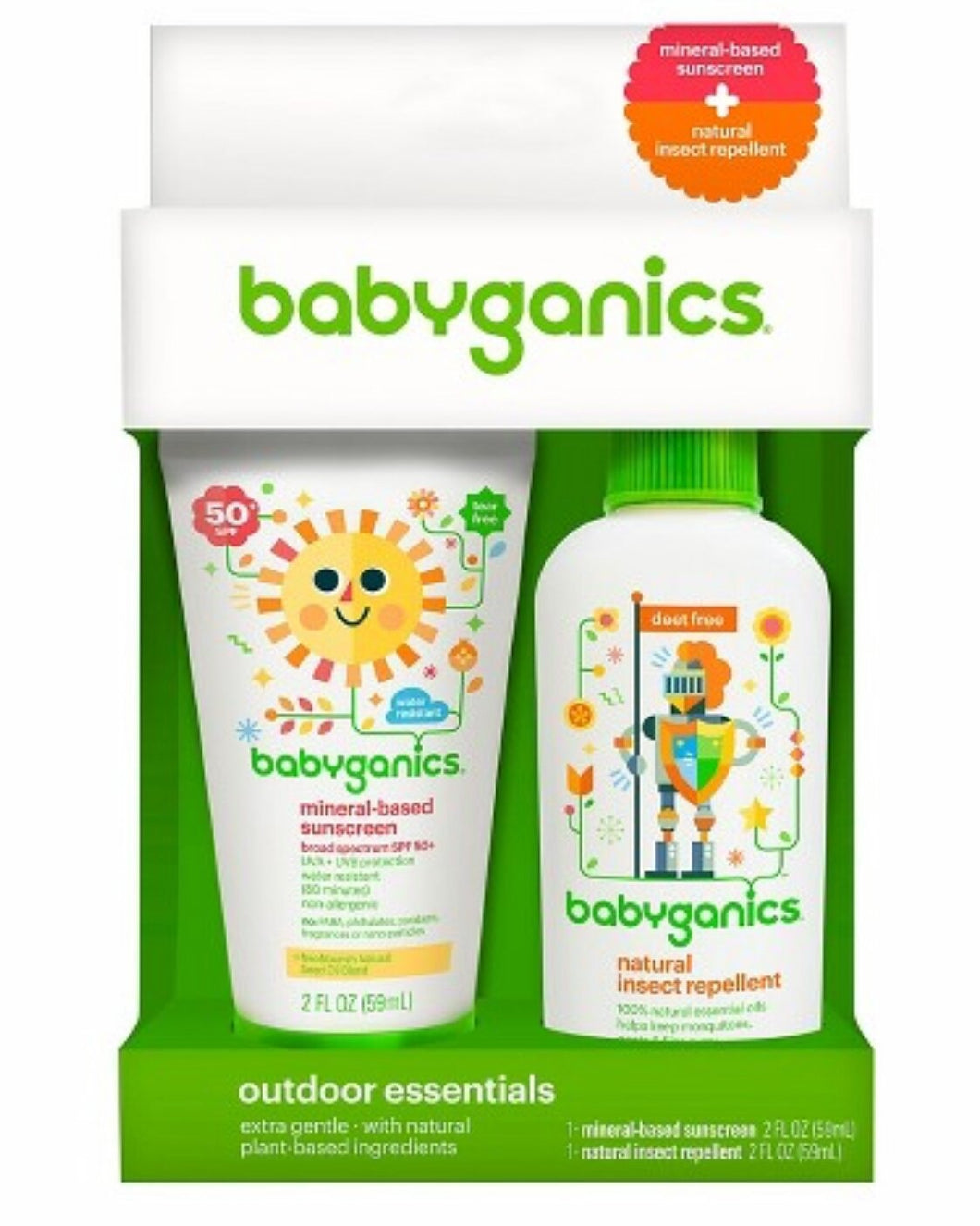 Babyganics Mineral-Based SPF 50+ Sunscreen, 2 Ounce + Natural Insect Repellent, 2 Ounce Outdoor Essentials Duo