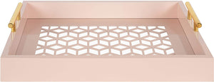 Kate and Laurel Caspen Rectangle Cut Out Pattern Decorative Tray with Gold Metal Handles, 16.5" x12.25", Pink and Gold