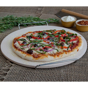 Pizzacraft PC0001 Round Ceramic Pizza Stone with Wire Frame, 15“Diameter