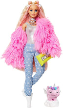 Load image into Gallery viewer, Barbie Extra Doll #3 in Pink Fluffy Coat with Pet Unicorn-Pig, Extra-Long Crimped Hair, Including Candy Bar Clutch &amp; Gummy Bear Ring, Multiple Flexible Joints, Gift for Kids 3 Years Old &amp; Up