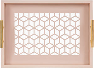 Kate and Laurel Caspen Rectangle Cut Out Pattern Decorative Tray with Gold Metal Handles, 16.5" x12.25", Pink and Gold