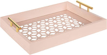 Load image into Gallery viewer, Kate and Laurel Caspen Rectangle Cut Out Pattern Decorative Tray with Gold Metal Handles, 16.5&quot; x12.25&quot;, Pink and Gold