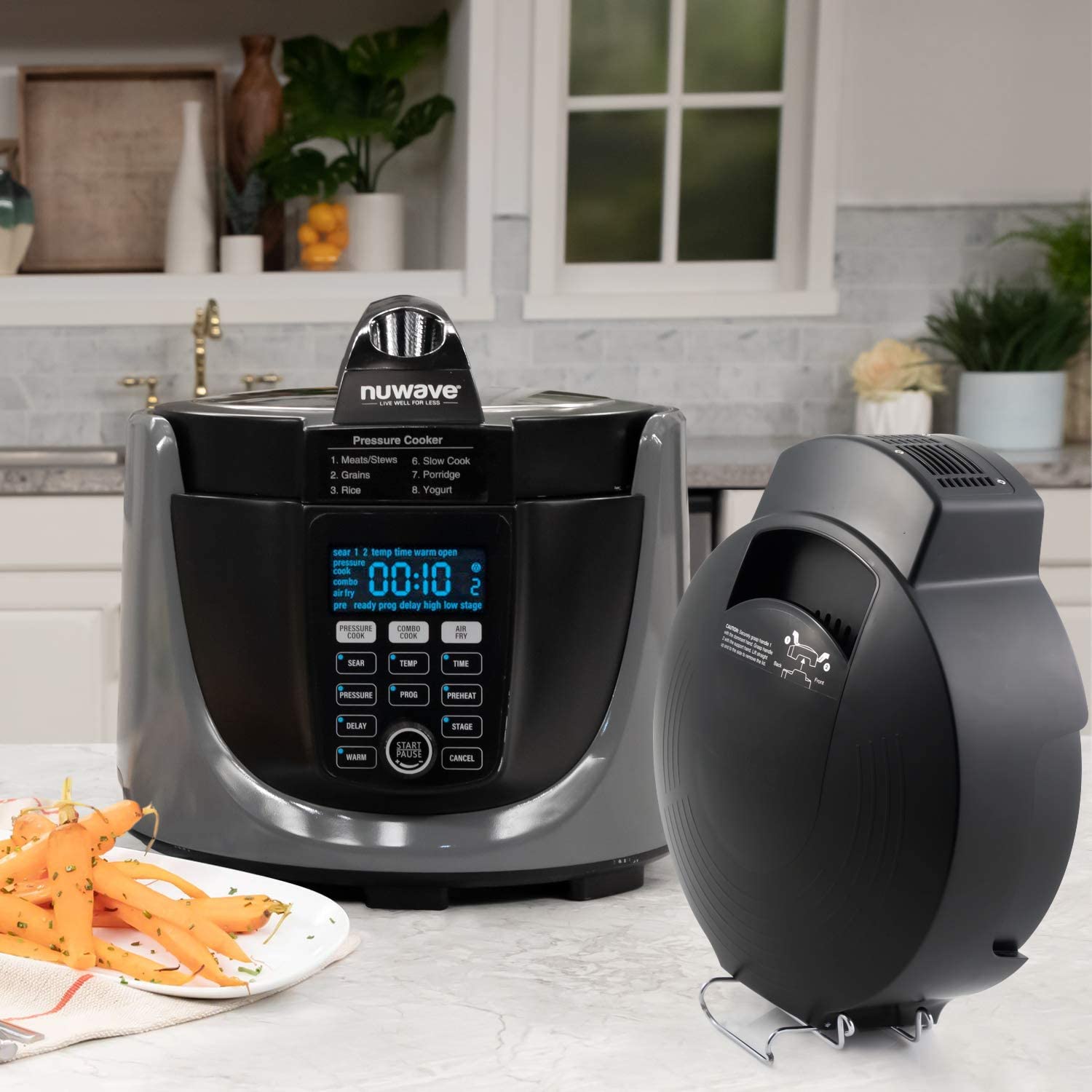 NuWave Duet Pressure Cooker, Air Fryer & Grill Combo Cooker with Removable  Pressure and Air Fry Lids, 6qt Stainless Steel Pot, 4qt Non-Stick Air Fryer