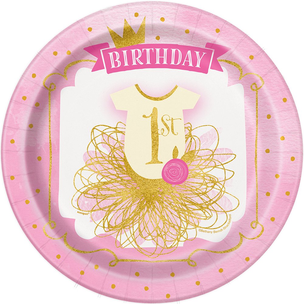 Pink and Gold Girls 1st Birthday Dinner Plates, 8ct