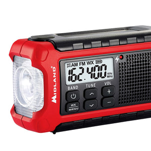 Midland - ER210, Emergency Compact Crank Weather AM/FM Radio - Multiple Power Sources, SOS Emergency Flashlight, NOAA Weather Scan + Alert, Smartphone/Tablet Charger (Red/Black)