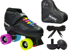 Load image into Gallery viewer, New! Epic Super Nitro Rainbow Indoor / Outdoor Quad Roller Speed Skate 4 Pc. Bundle w/ Bag &amp; Jam Plugs (Youth 1)