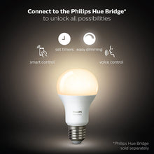 Load image into Gallery viewer, Philips Hue White A19 4-Pack 60W Equivalent Dimmable LED Smart Bulb (4 A19 60W White Bulbs  Compatible with Amazon Alexa  Apple HomeKit and Google Assistant)