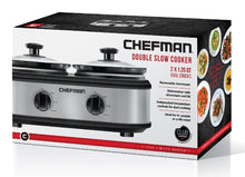 Load image into Gallery viewer, Chefman RJ15-125-D Double Slow Cooker &amp; Buffet Server with 2 Removable 1.25 Qt. Oval Crocks, Pot Inserts Individually Heat Controlled, 2.5 Quarts, Stainless Steel