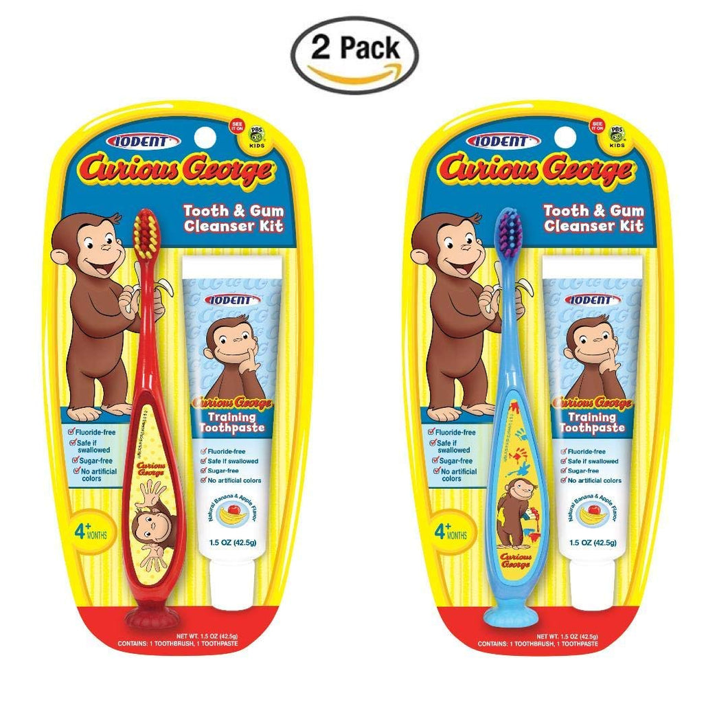 Curious George Cleanser Set Toothbrush & Toothpaste for Baby, Kids, Children, Girls, and Boys. Starter and Training kit - 2pk (Red/Blue)