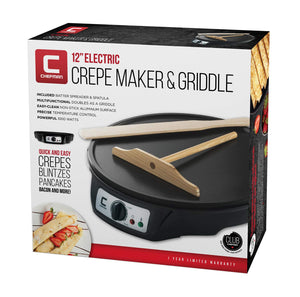 Chefman 12" Electric Crepe Maker & Griddle, Precise Temperature Control for Perfect Crepes, Blintzes, Pancakes, Eggs, Bacon and more, Non Stick, Includes Batter Spreader & Spatula