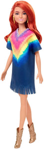 Barbie Fashionistas Doll with Long Red Hair Wearing Tie-Dye Fringe Dress, Golden Boots & Earrings, Toy for Kids 3 to 8 Years Old