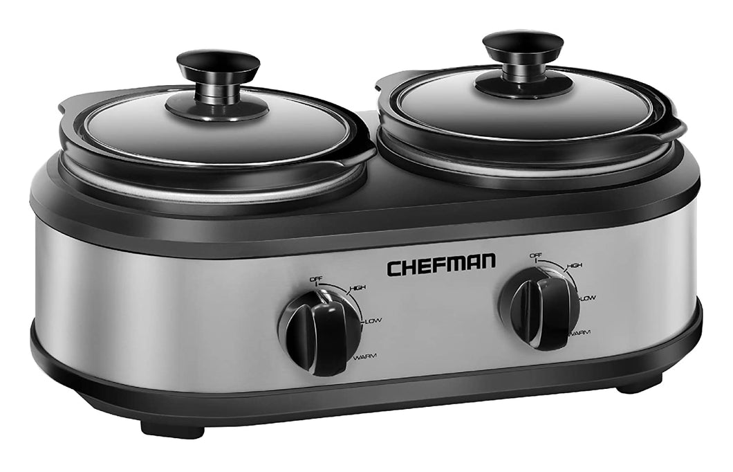 Chefman RJ15-125-D Double Slow Cooker & Buffet Server with 2 Removable 1.25 Qt. Oval Crocks, Pot Inserts Individually Heat Controlled, 2.5 Quarts, Stainless Steel