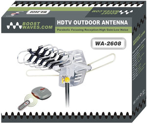 Amplified HD Digital Outdoor HDTV Antenna with Motorized 360 Degree Rotation, UHF/VHF/FM Radio with Infrared Remote Control for 2 TVs -Installation Kit