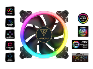 GAMDIAS RGB Case Fan 120mm Dual Light Loop Motherboard Sync with Remote Control Color - Five Fan Pack Cooling Aeolus M1-1205R