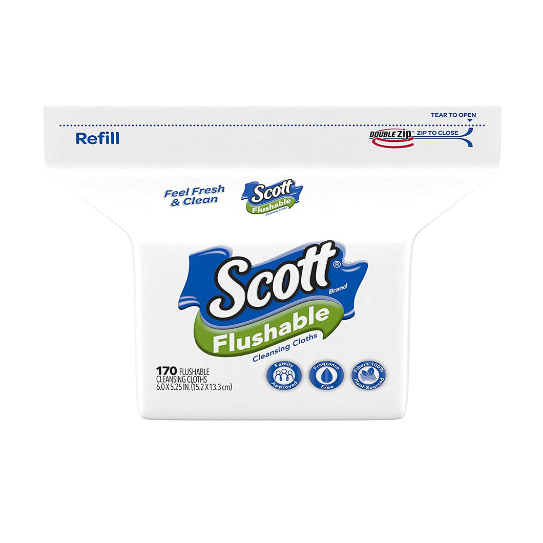 Scott Flushable Wipes, Fragrance-Free, Refill bag with 170 Wipes Total