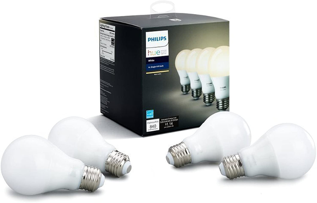 Philips Hue White A19 4-Pack 60W Equivalent Dimmable LED Smart Bulb (4 A19 60W White Bulbs  Compatible with Amazon Alexa  Apple HomeKit and Google Assistant)