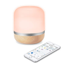 Load image into Gallery viewer, WiZ WiFi connected smart LED Hero table lamp. Wood color. Dimmable, 64,000 shades of white, 16 million colors. Compatible with Alexa and Google Home.