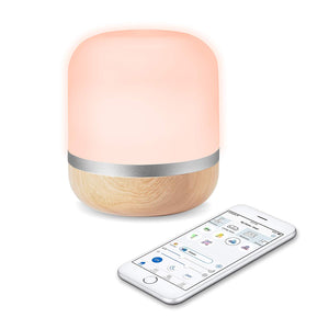 WiZ WiFi connected smart LED Hero table lamp. Wood color. Dimmable, 64,000 shades of white, 16 million colors. Compatible with Alexa and Google Home.