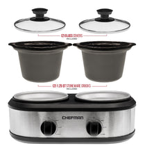 Load image into Gallery viewer, Chefman RJ15-125-D Double Slow Cooker &amp; Buffet Server with 2 Removable 1.25 Qt. Oval Crocks, Pot Inserts Individually Heat Controlled, 2.5 Quarts, Stainless Steel