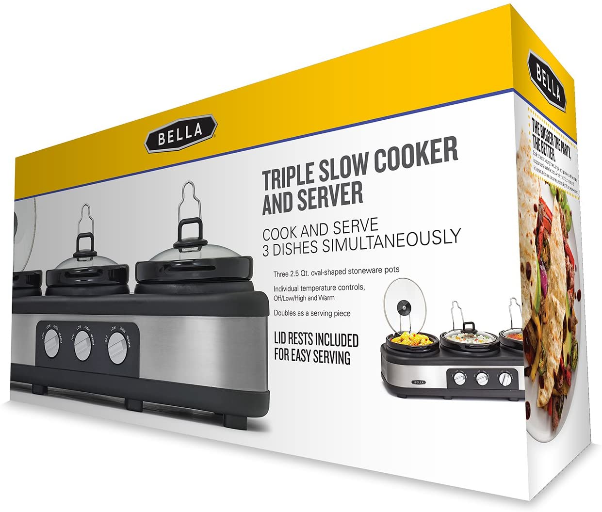 BELLA Triple Slow Cooker And Server Warmer 1.5 qt. 3-Dishes Buffet With  Lids.