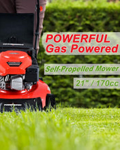 Load image into Gallery viewer, PowerSmart Lawn Mower, 21-inch &amp; 170CC, Gas Powered Self-propelled Lawn Mower with 4-Stroke Engine, 3-in-1 Gas Mower in Color Red/Black, 5 Adjustable Heights (1.2&#39;&#39;-3.0&#39;&#39;), DB2194SR-A