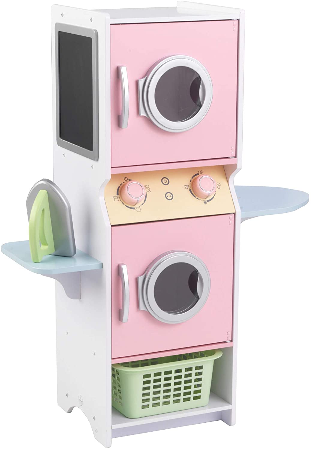 KidKraft Laundry Playset Children's Pretend Wooden Stacking Washer and Dryer Toy with Iron and Basket, Gift for Ages 3+, Pastel