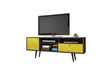 Load image into Gallery viewer, Manhattan Comfort Liberty Collection Mid Century Modern TV Stand With Three Shelves, One Cabinet and One Drawer With Splayed Legs, Yellow/Wood