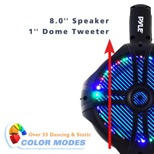 Waterproof Marine Wakeboard Tower Speakers - 8in Dual Subwoofer Speaker Set and 1” Tweeter, LED Lights and 260 Watt Power - 2-way Boat Audio System with Mounting Bracket - 1 Pair - PLMRWB85LEB (Black)