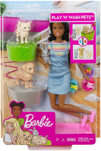 Barbie Play 'n Wash Pets Playset with Brunette Barbie Doll, 3 Color-Change Animals (A Puppy, Kitten and Bunny) and 10 Pet and Grooming Accessories, Gift for 3 to 7 Year Olds