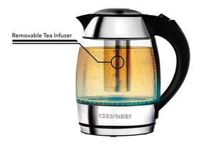 Chefman Electric Glass Kettle, Fast Boiling Water Heater w/ Auto Shutoff & Boil Dry Protection, Separates from Base for Cordless Pouring, BPA Free, Removable Tea Infuser Included, 1.8 Liters
