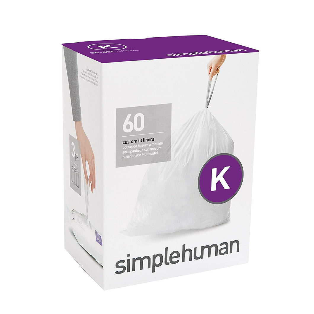 simplehuman Code K Custom Fit Liners, Tall Kitchen Drawstring Trash Bags, 35-45 Liter / 9-12 Gallon, 3 Refill Packs (60 Count)