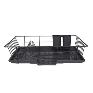 Home Basic 3 Piece Vinyl Coated Steel Dish Drainer Rack, Air Drying and Organizing Dishes, Side Mounted Cutlery Holder, Black