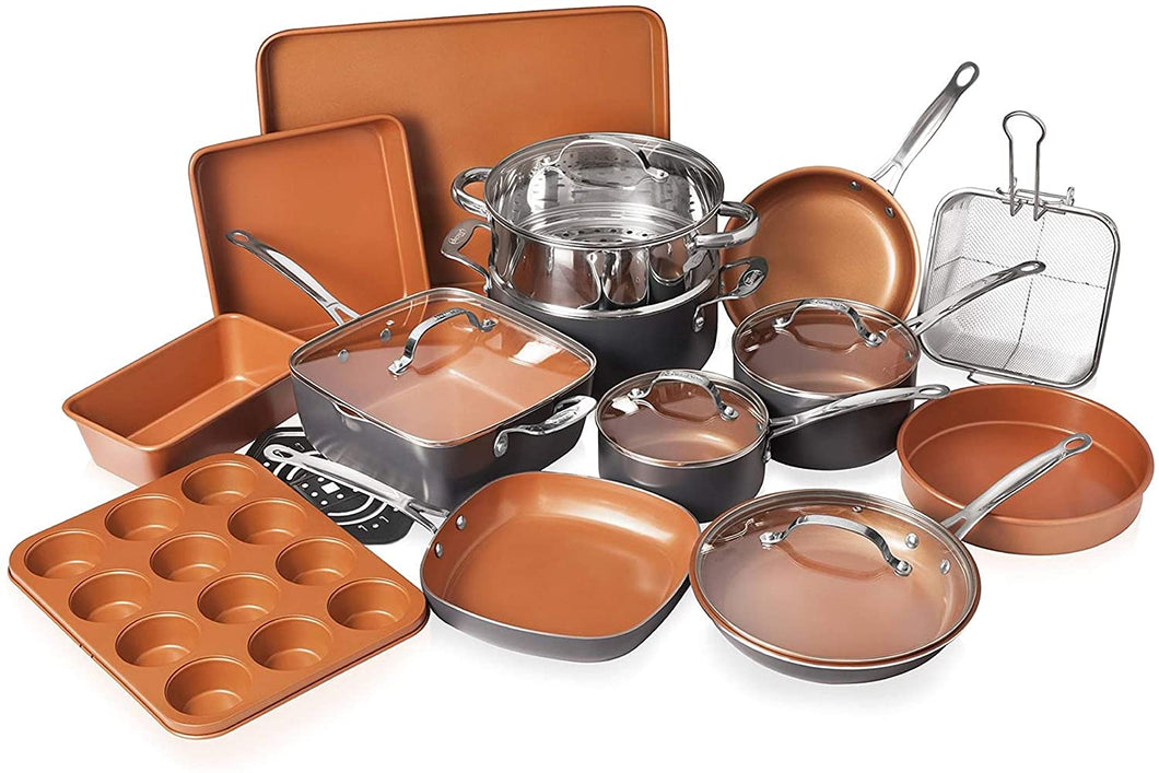 Gotham Steel Cookware + Bakeware Set with Nonstick Durable Ceramic Copper Coating – Includes Skillets, Stock Pots, Deep Square Fry Basket, Cookie Sheet and Baking Pans, 20 Piece