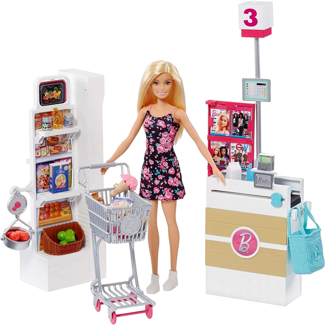 Barbie Doll, Blonde, and Grocery Store with Rolling Cart and Working Belt